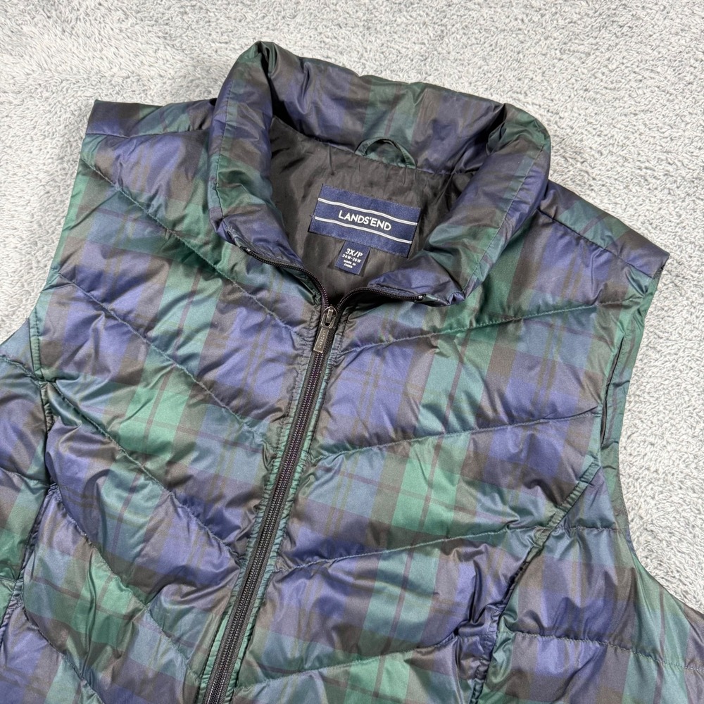 Lands End Black Watch Plaid Down Puffer Vest Full Zip Multicolor Size 3XL - Picture 2 of 8